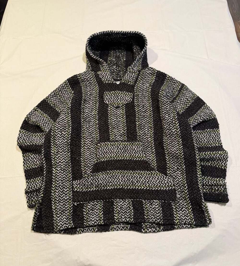 Baja Joe Striped Woven Baja Hoodie Pullover Black and White